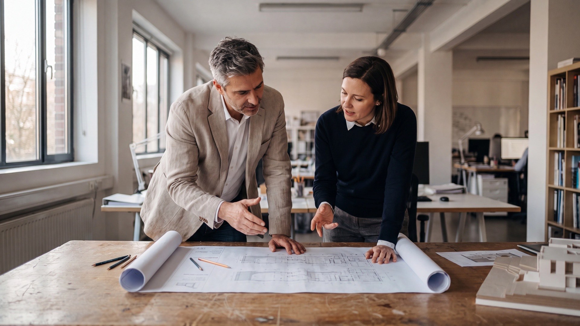 Twee professionals van Projectbouw Aannemers B.V. bestuderen een bouwtekening